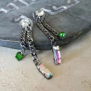 Edgy Gunmetal Chain Faceted Clear AB Green Crystals Dangle Earrings
